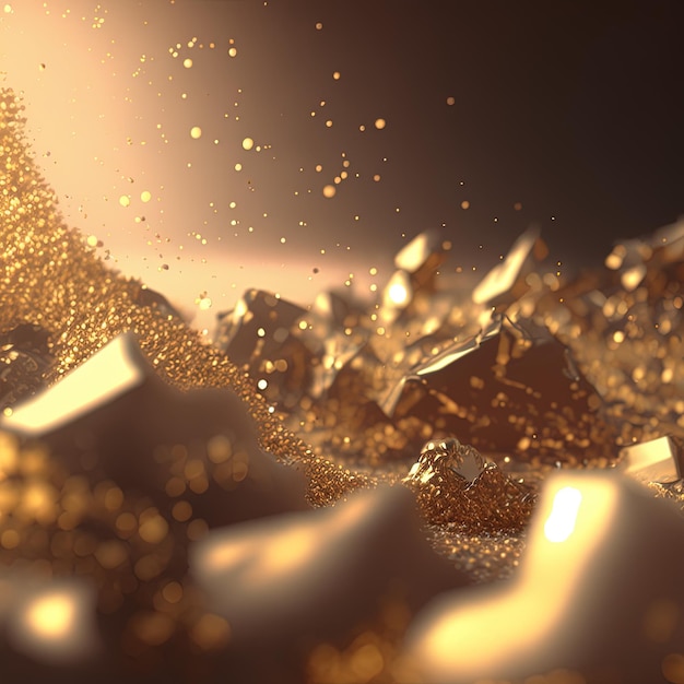 Fondo borroso de oro abstracto para diseño de papel tapiz Pepitas de oro y polvo de oro Ilustración 3D