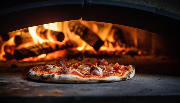 El fondo borroso de la pizza de primer plano con las llamas del horno de leña atmósfera de ensueño