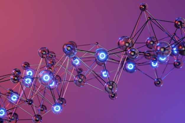 fondo borroso púrpura y azul brillo estructura molecular átomo concepto científico representación 3d.