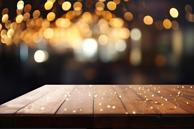 Fondo borroso de un restaurante con luces bokeh que muestran una mesa de madera vacía