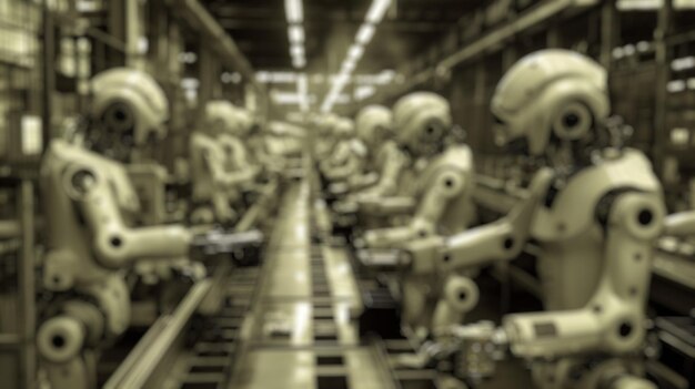 El fondo borroso del robot en una línea de producción de ensamblaje de fabricación