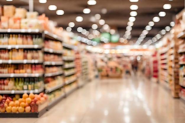 Fondo borroso de supermercado con luz bokeh Interior de centro comercial con fondo borroso de supermercado