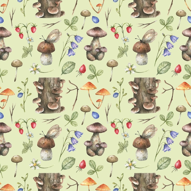 Fondo de bosque acuático con helechos, hierbas, champiñones, mariposas, ramas, flores de campanilla.