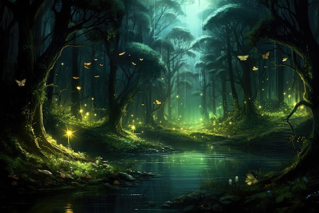 Fondo de bosque de dibujos animados de noche mágica