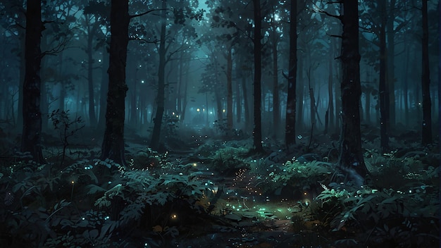 El fondo del bosque encantado con niebla por la noche, el bosque denso con niebla, el estilo apocalíptico detallado.