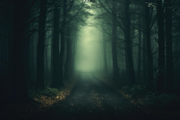 Fondo de bosque espeluznante y brumoso árboles aterradores en bosques de niebla de horror feliz halloween