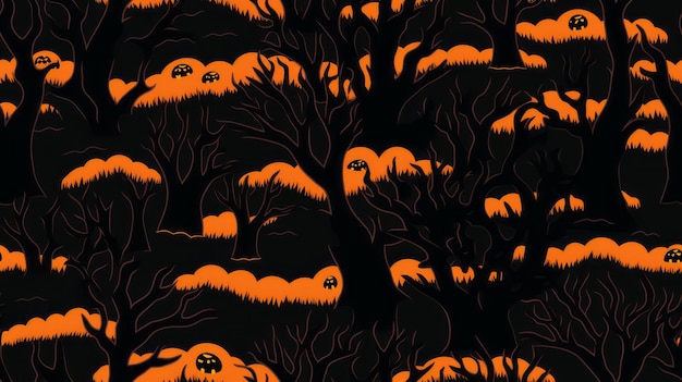 Fondo de bosque de Halloween sin costuras con calabazas y árboles