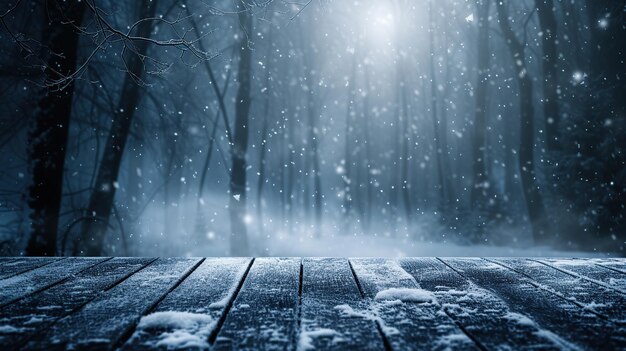 Foto fondo de bosque de invierno abstracto oscuro niebla de nieve en el suelo de madera fondo de noche oscura ai generativo