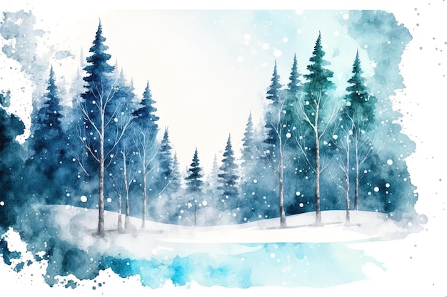 Fondo de un bosque de invierno en acuarela azul para un diseño de vacaciones
