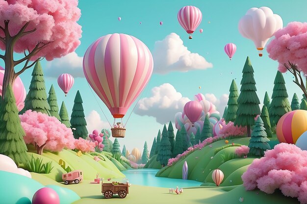 Fondo de bosque en miniatura en tono pastel decorado con un lindo arco iris rosa y un globo de aire caliente