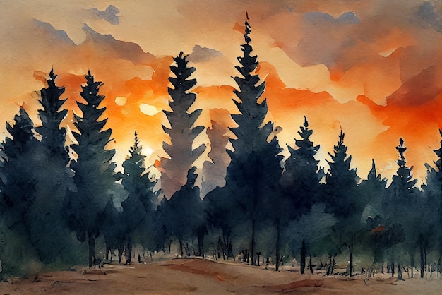 Fondo de bosque de pinos en la montaña Pintura de acuarela Imagen de paisaje Pintura arte Color verde y fresco