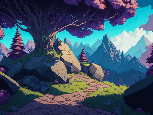 Foto fondo de bosque soleado para ilustración de dibujos animados e imagen de paisaje