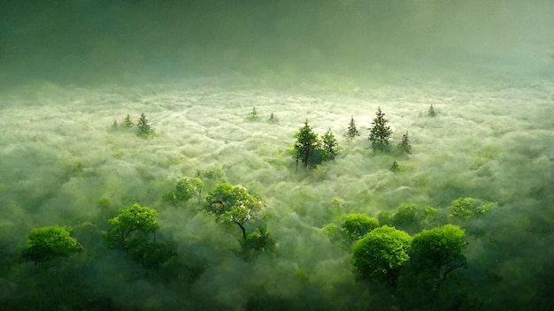 Fondo de bosque verde tropical con niebla Ilustración 3D