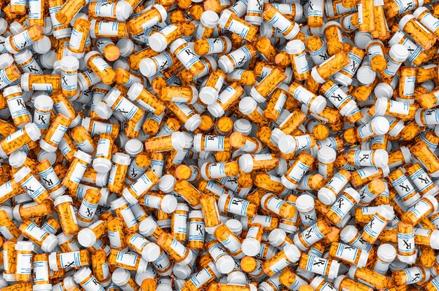 Fondo de botellas médicas con renderizado 3D de drogas