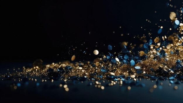 Fondo brillante festivo con lentejuelas en oro y azul sobre un fondo oscuro generación ai