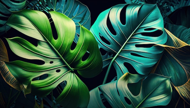 Fondo brillante de primer plano de hojas tropicales coloridas por IA generativa