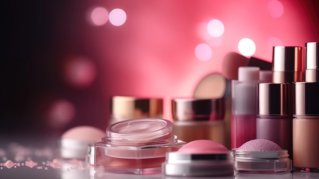 Fondo brillante rosa abstracto con productos de maquillaje profesional Accesorios de la industria de la belleza de lujo Generación ai