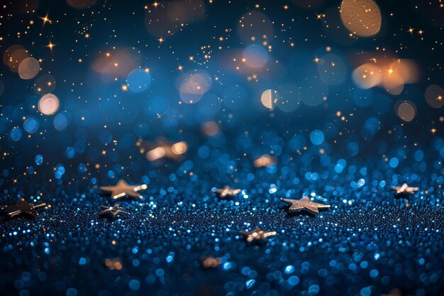 Fondo de brillo azul brillante con estrellas y bokeh