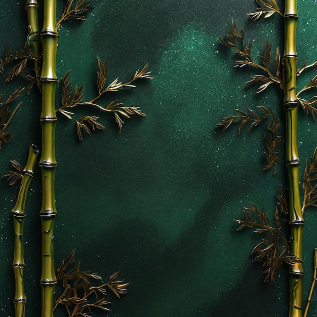 Foto fondo de brillo verde oscuro con contornos de bambú brillo muy brillante y sombras negras