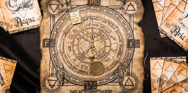 Fondo de brujería esotérica antigua. Antiguo símbolo de ocultismo y paganismo, con misteriosas runas y alfabeto.