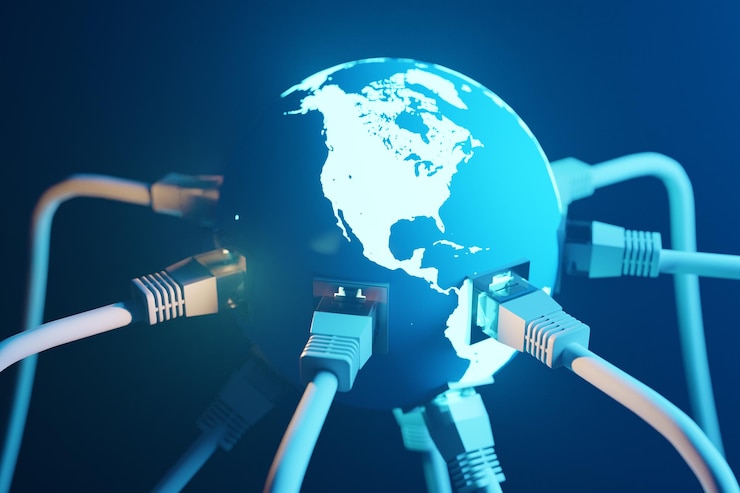Foto el fondo del cable de internet conectado a la representación de earth3d
