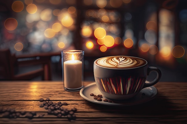 Fondo de cafetería con imagen bokeh y un café con leche caliente en una mesa de madera