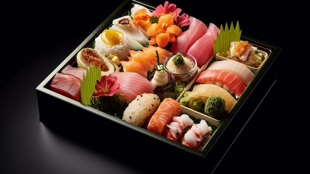 Fondo y caja oscura de exquisitos rollos de sushi