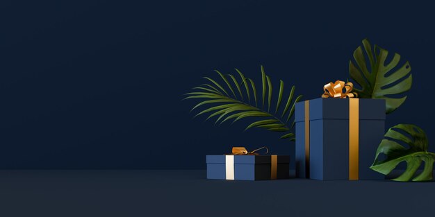 Fondo de caja de regalo azul oscuro con representación 3d de cinta dorada