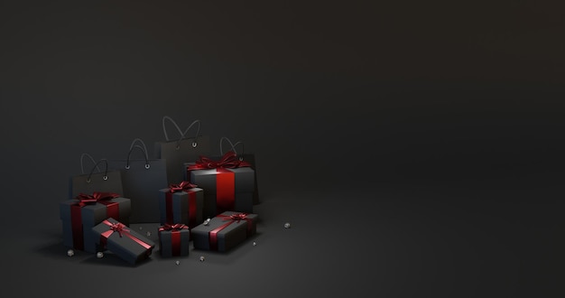 Fondo de caja de regalo negro de renderizado 3d atado con cinta roja