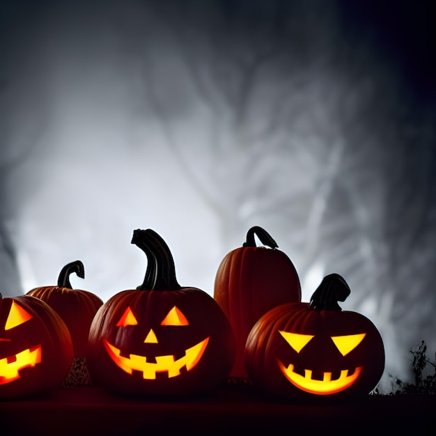 Fondo de calabaza de Halloween con espeluznante calabaza jack o linterna en un bosque oscuro de mal humor fotos de papel tapiz
