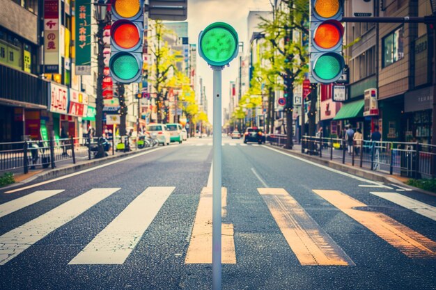 Fondo de una calle moderna de Tokio con semáforos