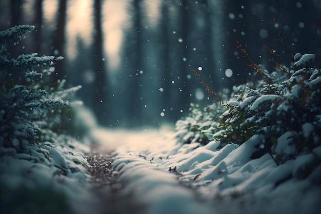 Fondo de camino de bosque nevado de invierno generado por IA