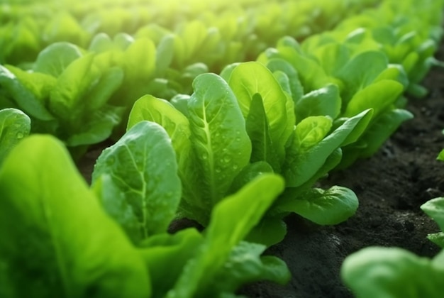 Fondo con campo de plantación de lechuga Alimentos naturales saludables y concepto de fondo vegetal ai generativo