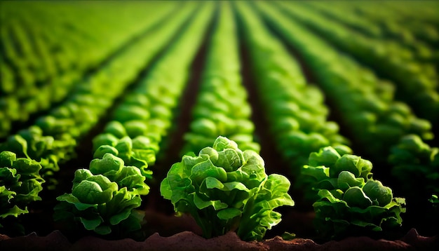 Fondo con un campo de plantaciones de lechuga Cosecha creciente Lechuga Alimentos naturales saludables y concepto de fondo vegetal IA generativa