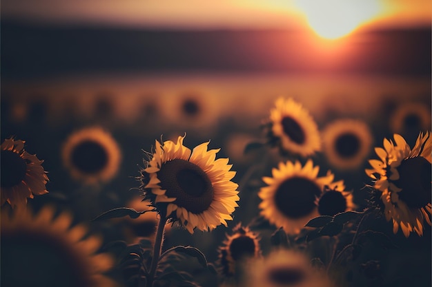 Fondo de campos de girasol con luz de puesta de sol en el fondo