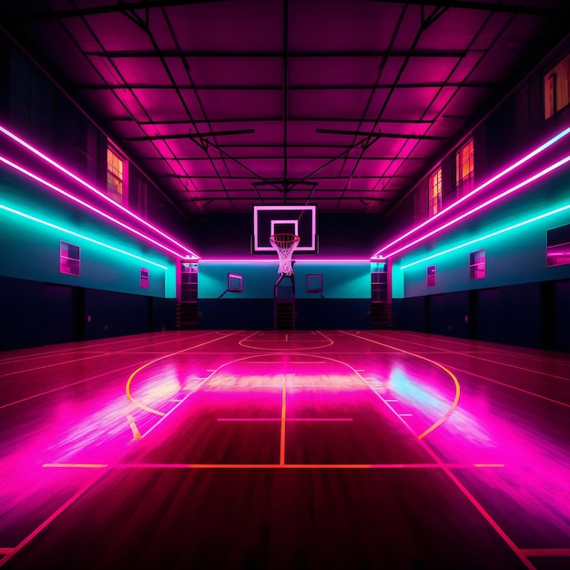 El fondo de la cancha de baloncesto vacía de neón