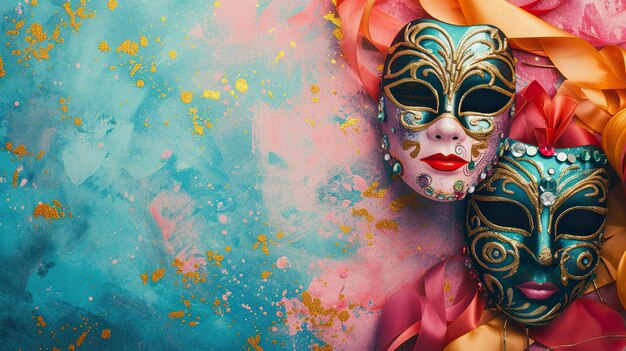 Fondo de carnaval con máscaras venecianas copia del espacio vista superior