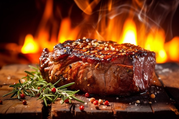 Fondo de carne cruda frita a la parrilla fuego oscuro carne roja de filete comida de carne IA generativa