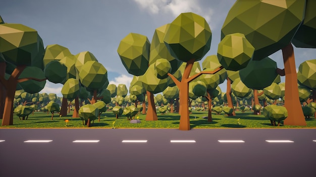 Foto fondo de una carretera sin vehículos y personas con un entorno natural en render 3d de baja poli