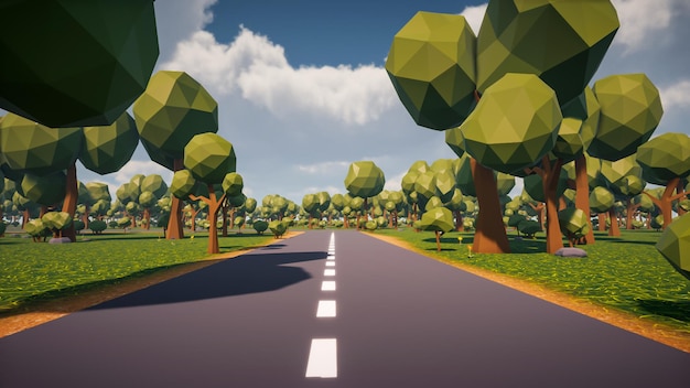 Fondo de una carretera sin vehículos y personas con un entorno natural en render 3d de baja poli