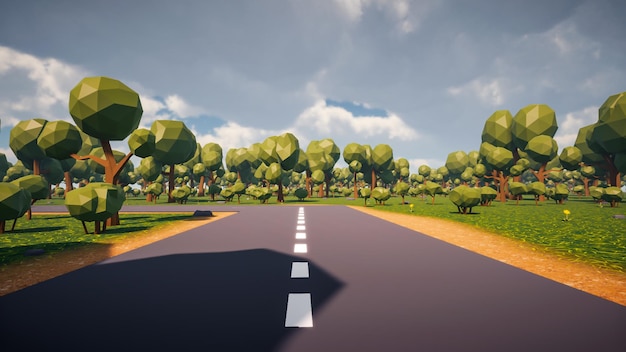 Foto fondo de una carretera sin vehículos y personas con un entorno natural en render 3d de baja poli