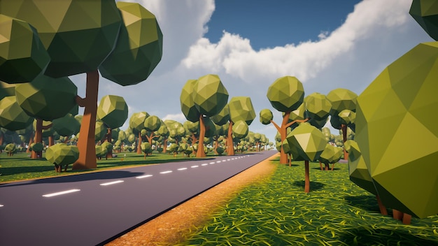 Fondo de una carretera sin vehículos y personas con un entorno natural en render 3d de baja poli