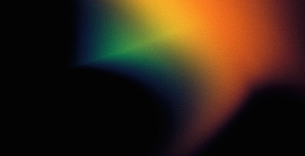 Fondo de cartel degradado de color vibrante oscuro abstracto forma borrosa amarillo naranja verde sobre efecto de textura de grano negro