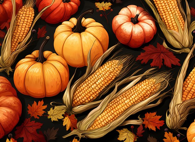 El fondo del cartel de la ilustración vectorial de maíz de calabaza de Acción de Gracias de otoño