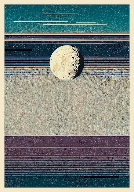 Fondo de cartel vintage abstracto con líneas, puntos y luna Fondo de espacio de arte digital Plantilla de ilustración 3D