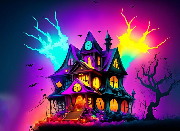 Foto el fondo de la casa de brujas de halloween con colorido poder del trueno en el cielo