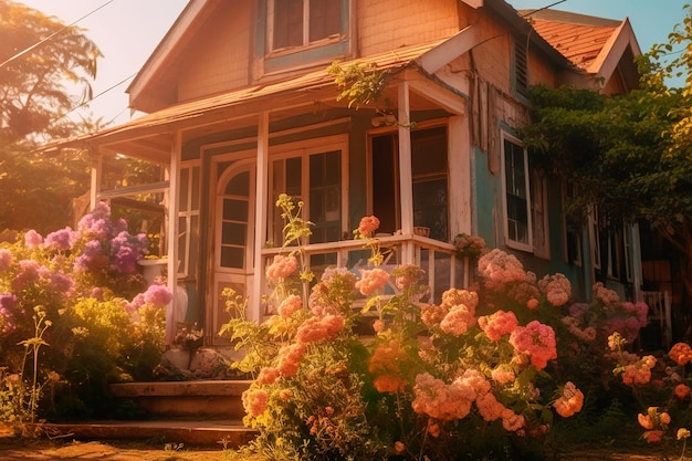 fondo de casa de campo con flores