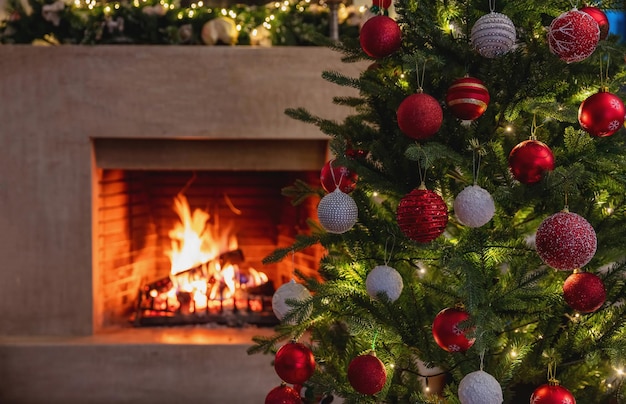 Fondo de casa de vacaciones de Navidad Cálida y acogedora chimenea y decoración de árbol de Navidad