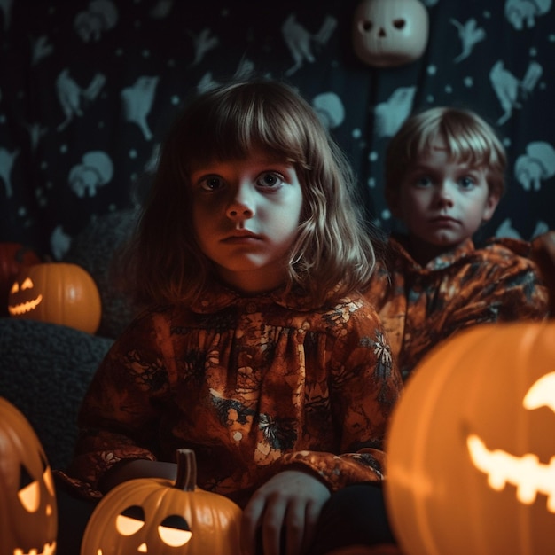 Fondo del castillo de Halloween con velas de calabazas aterradoras en el cementerio por la noche