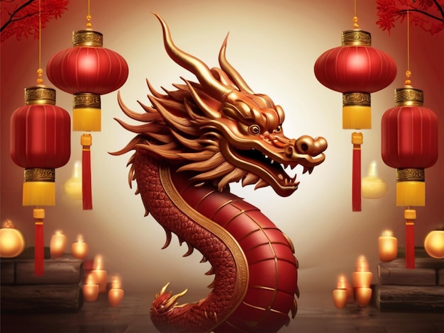 Fondo de celebración del año nuevo chino con dragón y lámparas generado por Ai